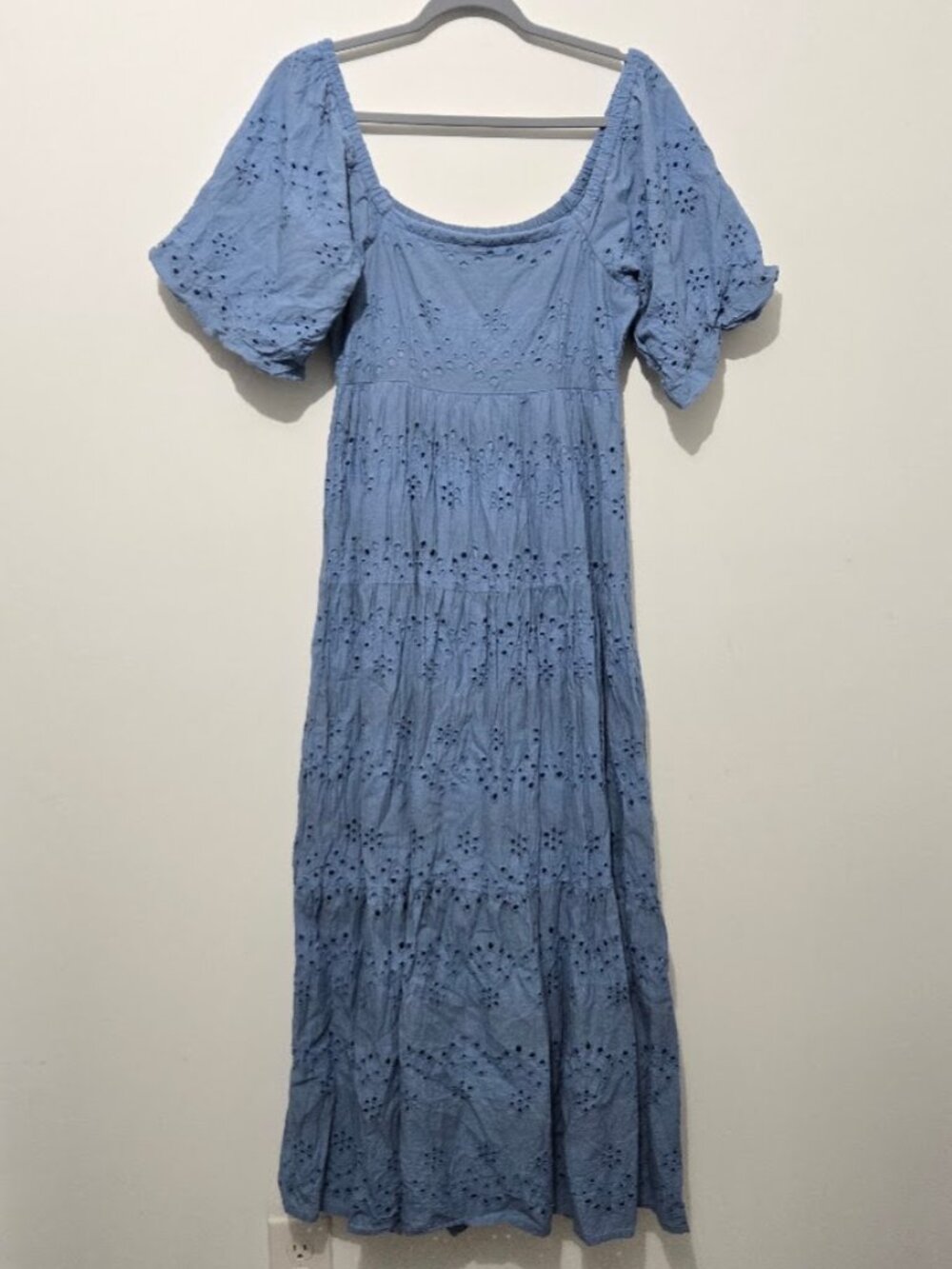 Meadow Rhodes Blue Eyelet Tiered Prairie Boho Cottage Dress Sz M Smocked Western
